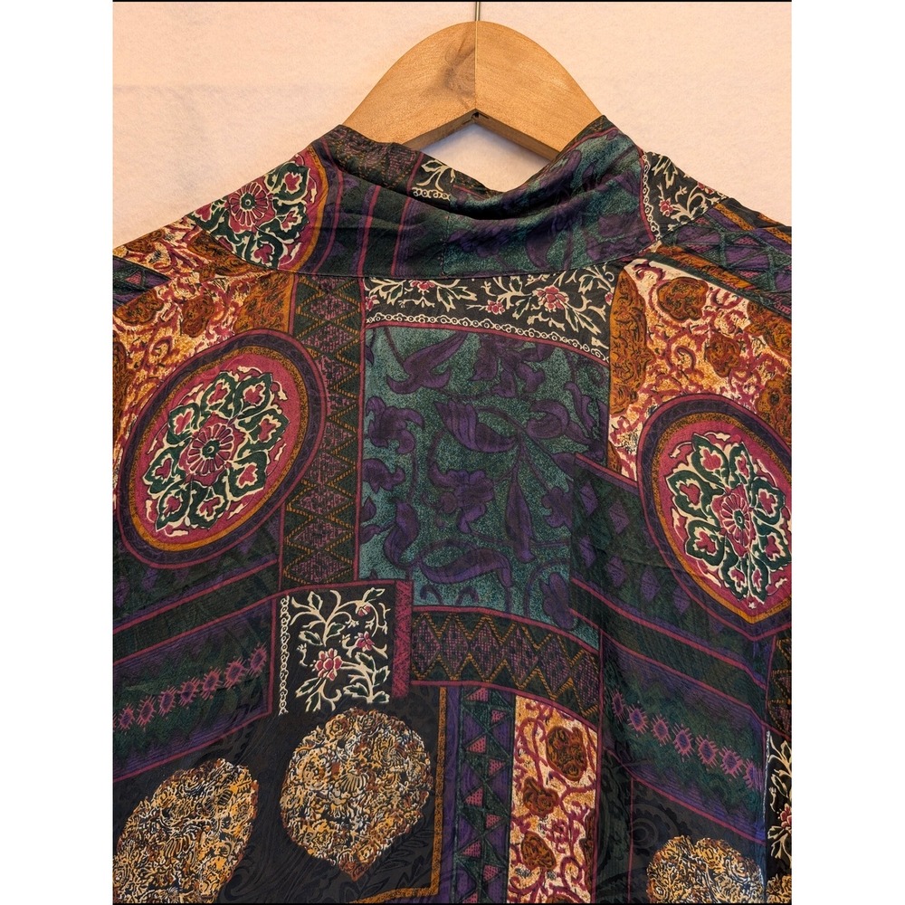 August Silk Intimates 100% Silk Kimono Robe Patchwork Tapestry Green Purple - Picture 7 of 11